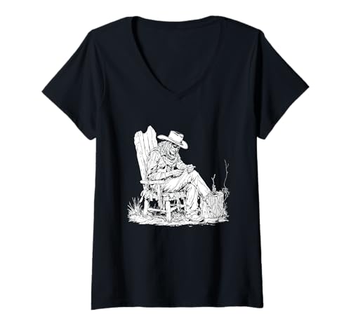 Damen Cowboy Whittling, Schnitzholz T-Shirt mit V-Ausschnitt von Cowboy Lover & Wild West Outfits