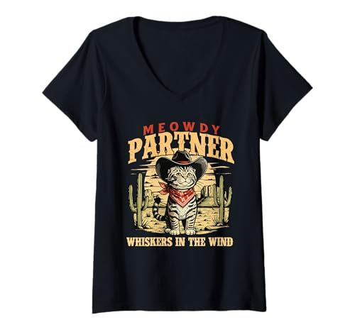 Damen Meowdy Partner - Cowboy Western Cowpoke Country T-Shirt mit V-Ausschnitt von Cowboy Merch