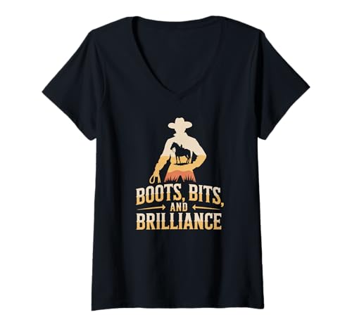 Damen Stiefel Bits and Brilliance Cowboy Equestrian Pride T-Shirt mit V-Ausschnitt von Cowboy Western Horse Rodeo Ranch Equestrian