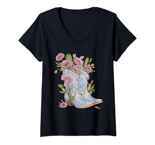 Damen Kokette Cowgirl Stiefel Blumenmuster Western Bestickt T-Shirt mit V-Ausschnitt Damen Kokette Cowgirl Stiefel Blumenmuster Western Bestickt T-Shirt mit V-Ausschnitt von Cowboy boots western embroidered boots gift idea