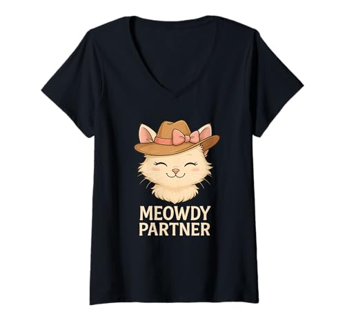 Damen Meowdy Partner Cowgirl-Katze, niedliches Western-Bogenmützenmotiv T-Shirt mit V-Ausschnitt Damen Meowdy Partner Cowgirl-Katze, niedliches Western-Bogenmützenmotiv T-Shirt mit V-Ausschnitt von Cowgirl Cat Studio