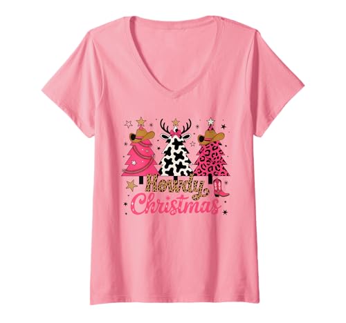 Damen Howdy Weihnachtsbaum Pink Cowgirl Country Women Western Xmas T-Shirt mit V-Ausschnitt von Cowgirl Christmas Men Women Apparel Clothes Ideas