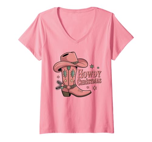 Damen Howdy Weihnachtsstiefel Cowgirl Country Damen Western Xmas T-Shirt mit V-Ausschnitt von Cowgirl Christmas Men Women Apparel Clothes Ideas