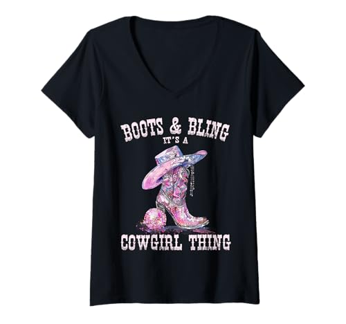 Damen Stiefel Bling Cowgirl Country Konzert Outfit Bachelorette T-Shirt mit V-Ausschnitt von Cowgirl Gifts Co.