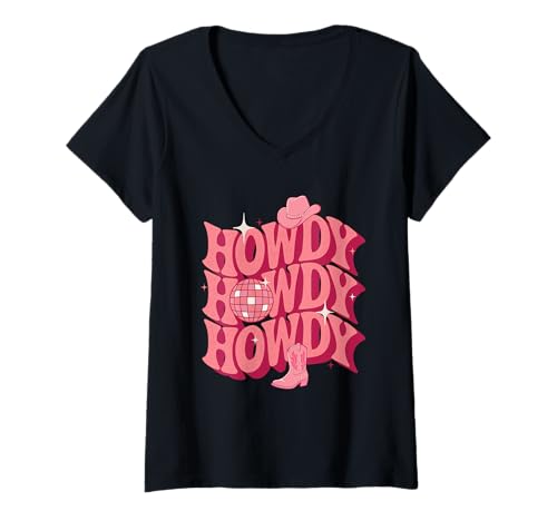 Damen Hallo Hallo Hallo Hallo - Country Western Cowgirl Rancher T-Shirt mit V-Ausschnitt Damen Hallo Hallo Hallo Hallo - Country Western Cowgirl Rancher T-Shirt mit V-Ausschnitt von Cowgirl Merch