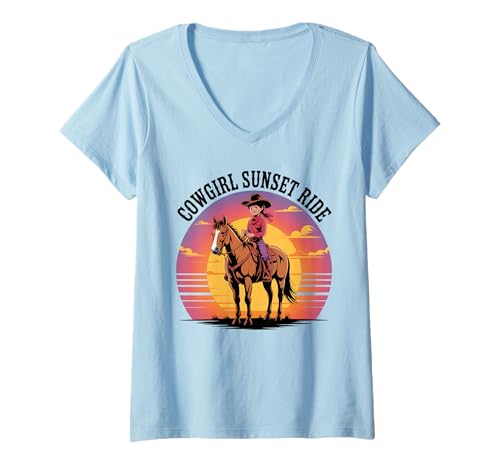 Damen Mädchen Western Outfit Cowgirl Top Rodeo Mädchen Reiten T-Shirt mit V-Ausschnitt von Cowgirl Outfits For Women Western Cowgirl Outfit