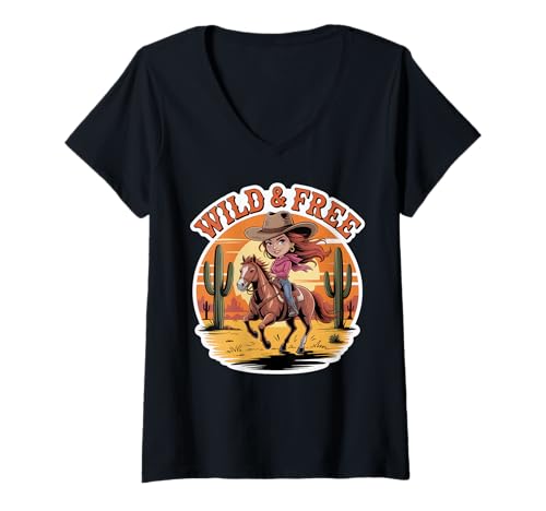 Damen Mädchen Western Outfit Cowgirl Top Rodeo Mädchen Reiten T-Shirt mit V-Ausschnitt von Cowgirl Outfits For Women Western Cowgirl Outfit