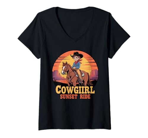 Damen Mädchen Western Outfit Cowgirl Top Rodeo Mädchen Reiten T-Shirt mit V-Ausschnitt von Cowgirl Outfits For Women Western Cowgirl Outfit