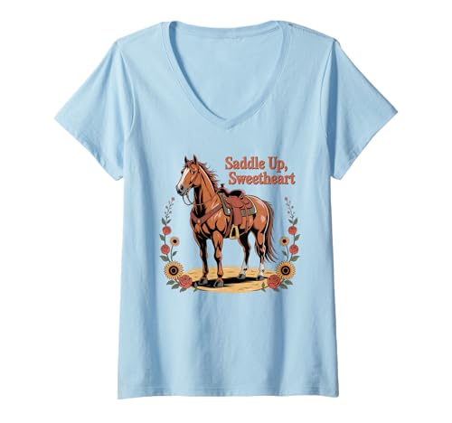 Damen Mädchen Western Outfit Cowgirl Top Rodeo Mädchen Reiten T-Shirt mit V-Ausschnitt von Cowgirl Outfits For Women Western Cowgirl Outfit
