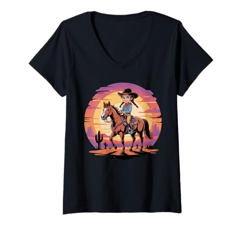 Damen Mädchen Western Outfit Cowgirl Top Rodeo Mädchen Reiten T-Shirt mit V-Ausschnitt von Cowgirl Outfits For Women Western Cowgirl Outfit