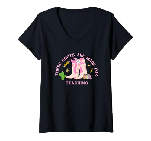 Damen Westlicher Lehrer Diese Stiefel wurden für den Unterricht gemacht T-Shirt mit V-Ausschnitt Damen Westlicher Lehrer Diese Stiefel wurden für den Unterricht gemacht T-Shirt mit V-Ausschnitt von Cowgirl Teacher Coquette Bow