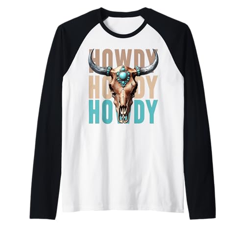 Howdy Bull Cow Steer Southwestern Turquoise Cowgirl Damen Raglan von Cowgirl Tees Texas