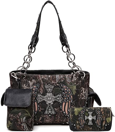 Camouflage-Kreuz-Handtasche mit Nieten, Western-Stil, versteckte Tragetasche für Damen, Schwarz (Schwarz Set), Large von Cowgirl Trendy