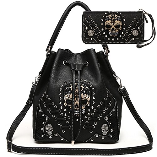 Punk Gothic Rock Metallic Totenkopf Nieten Skelett Geldbörse Sugar Skull Frauen Handtasche Mode Schultertasche Geldbörse Set, Schwarzes Set, Large von Cowgirl Trendy