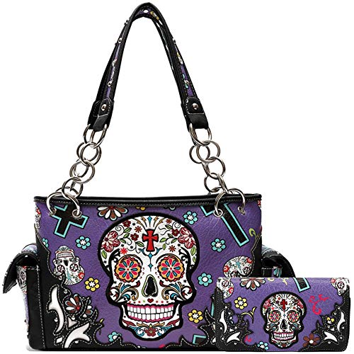 Sugar Skull Rose Flower Day of the Dead Verdeckte Tragetasche Totes Frauen Handtasche Schultertasche Brieftasche Set, #3 Lila Set, Large von Cowgirl Trendy