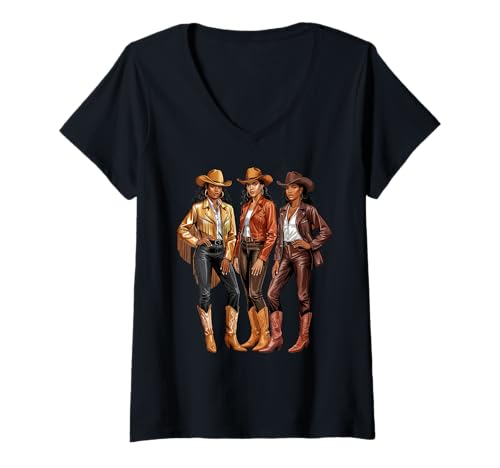 Damen Schwarzes afroamerikanisches Cowgirl Western Country Texas Girls T-Shirt mit V-Ausschnitt von Cowgirl Western Melanin Black History Graphic Tee