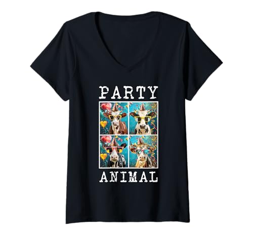 Damen Kuhgesicht, bunt, Bauernhoftiere, Partyhut, lustige Kuhhaltung T-Shirt mit V-Ausschnitt von Cows Face ful Farm Party Hat Cow Farming