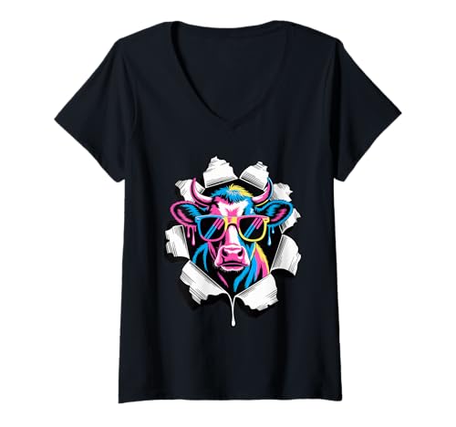 Damen Gerissener Papiereffekt Kuh Sonnenbrille Kühe T-Shirt mit V-Ausschnitt von Cows Lover gifts