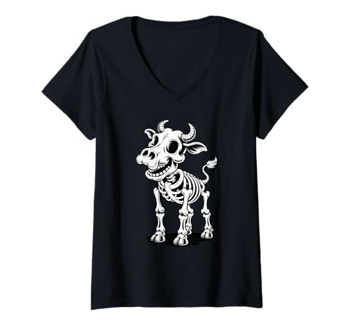 Damen Halloween Kuh Skelett Gruselige Kühe T-Shirt mit V-Ausschnitt von Cows Lover gifts
