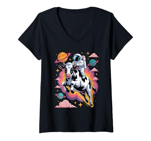 Damen Kuh Astronaut Kühe Planeten Sonnensystem T-Shirt mit V-Ausschnitt von Cows Lover gifts