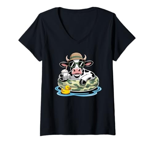 Damen Kuh Boba Perlen Milchtee Kühe T-Shirt mit V-Ausschnitt von Cows Lover gifts
