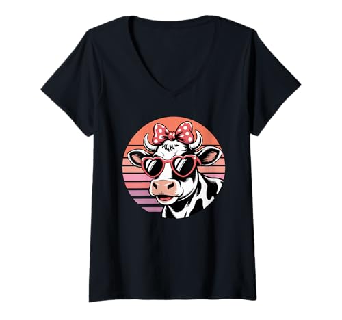 Damen Retro Sonnenuntergang Kühe Silhouette Kuh T-Shirt mit V-Ausschnitt von Cows Lover gifts
