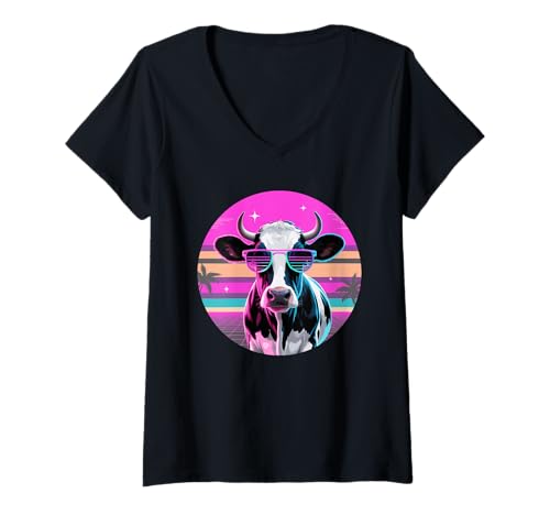 Damen Retro Synthwave Kuh Sonnenbrille Rinder T-Shirt mit V-Ausschnitt Damen Retro Synthwave Kuh Sonnenbrille Rinder T-Shirt mit V-Ausschnitt von Cows Lover gifts