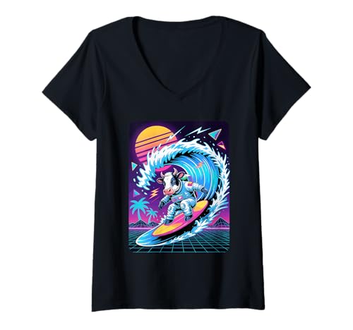 Damen Synthwave Surfer Kuh Astronaut Kühe T-Shirt mit V-Ausschnitt von Cows Lover gifts