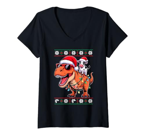 Damen Weihnachten Kuh T-Rex Dinosaurier Tyrannosaurus Rex Kühe T-Shirt mit V-Ausschnitt von Cows Lover gifts