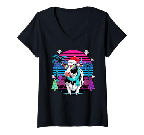 Damen Weihnachten Synthwave Kuh Sonnenbrille Kühe T-Shirt mit V-Ausschnitt von Cows Lover gifts
