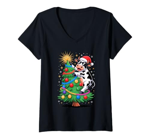 Damen Weihnachtsbaum Kuh Sonnenbrille Kühe T-Shirt mit V-Ausschnitt von Cows Lover gifts