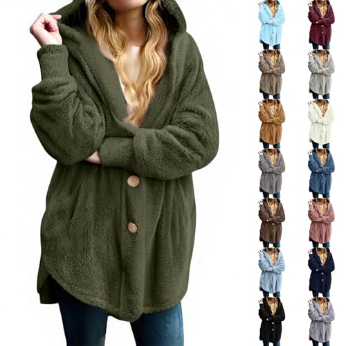 Cowyams Fleecejacke Damen Lang Plüschjacke Oversized Winterjacke Dicke Warme Kapuzenjacke Stilvoller Fleecemantel Weiche Fellmantel Einfachheit Outwear von Cowyams