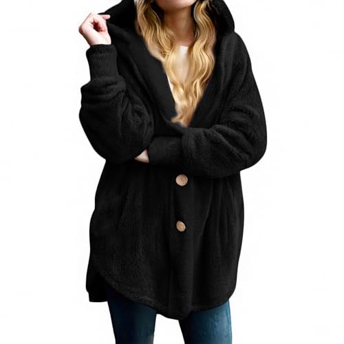 Cowyams Fleecejacke Damen Lang Plüschjacke Oversized Winterjacke Dicke Warme Kapuzenjacke Stilvoller Fleecemantel Weiche Fellmantel Einfachheit Outwear von Cowyams