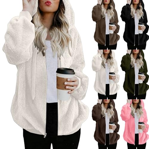 Cowyams Fleecejacke Damen Lang Plüschjacke Oversized Winterjacke Dicke Warme Kapuzenjacke Stilvoller Fleecemantel Weiche Fellmantel Einfachheit Outwear von Cowyams