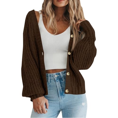 Cowyams Strickjacke Damen Elegant Casual Schulterjacke Top Kuschelig Stilvoll Sweater V-Ausschnitt Kurz Strick Cardigan Open Front Pullover mit Knöpfen Leichte Über von Cowyams