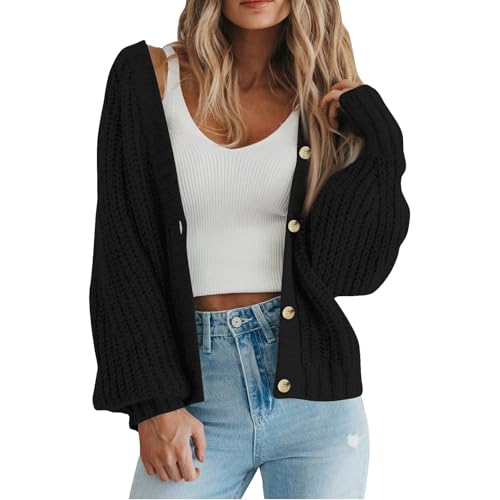 Cowyams Strickjacke Damen Elegant Casual Schulterjacke Top Kuschelig Stilvoll Sweater V-Ausschnitt Kurz Strick Cardigan Open Front Pullover mit Knöpfen Leichte Über von Cowyams