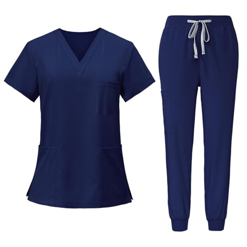 Damen Medizinische Arbeitskleidung Set Waschbar Krankenschwester Medizinische Uniform Kurzarm Oberteil Mit Hose Schrubb-Set Schlupfkasack + Schlupfhose Set Krankenschwester Arbeitskleidung Set von Cowyams