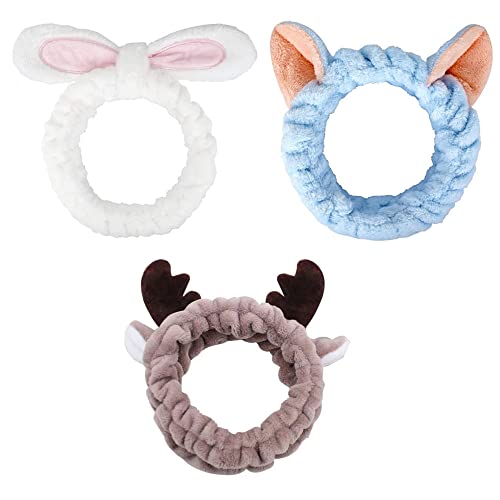 3 Stück Spa Wash Stirnband, Frauen Mode Plüsch Make Up Kosmetik Haarband, niedliche Kaninchen Hirsch Koralle Fleece Gesicht Haarband für Waschen Gesicht Dusche Sport Schönheit Kopf Wraps von Coyanyu