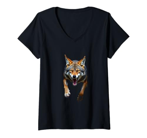 Damen Wütender Kojotenkopf brüllende Wildtier-Wüstenkunst T-Shirt mit V-Ausschnitt Damen Wütender Kojotenkopf brüllende Wildtier-Wüstenkunst T-Shirt mit V-Ausschnitt von Coyote Fun Designs