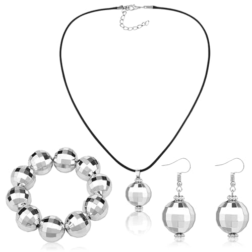Cozevdnt 3 Stück Discokugel Ohrringe Armband Halskette Set, Discokugel Spiegelkugel Schmuck Set, Disco Accessoires für 70er 80er Jahre Disco Kostümparty Bekleidung Damen, Silber Cozevdnt 3 Stück Discokugel Ohrringe Armband Halskette Set, Discokugel Spiegelkugel Schmuck Set, Disco Accessoires für 70er 80er Jahre Disco Kostümparty Bekleidung Damen, Silber von Cozevdnt