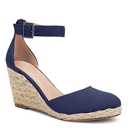 Coziavenue Damen Keilsandalen, geschlossener Zehenbereich, Knöchelriemen, Schnalle, Plateau-Espadrille, lässige Sommerschuhe, Marineblau, 39 EU von Coziavenue