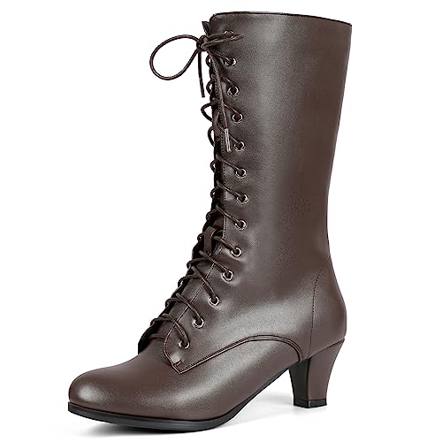 Cozivwaiy Damen Braun Viktorianische Stiefel 70s Schnüren Halbschaft Mitte Absatz Vintage Kegelabsatz Kostümstiefel Mit Reißverschluss Granny Hexenstiefel Gr 38 Asian von Cozivwaiy