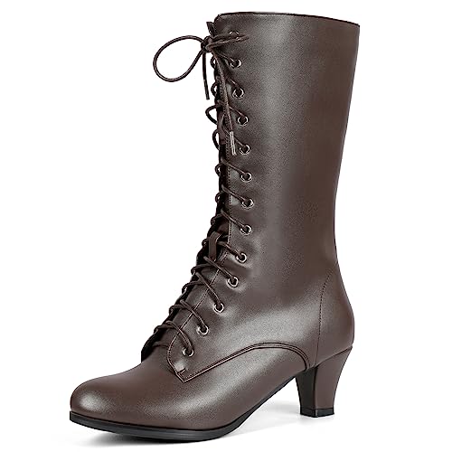 Cozivwaiy Damen Braun Viktorianische Stiefel 70s Schnüren Halbschaft Stiefel Mitte Absatz Vintage Stiefel Kegelabsatz Kostümstiefel mit Reißverschluss Granny Stiefel Hexenstiefel Gr 43 Asian von Cozivwaiy