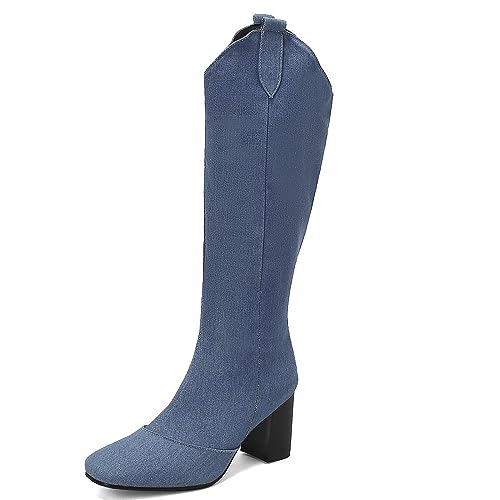 Cozivwaiy Damen Denim Kniehohe Stiefel Quadratische Zehen Chunky Heels Herbst Stiefel Side Reißverschluss DarkBlau Große 39 von Cozivwaiy