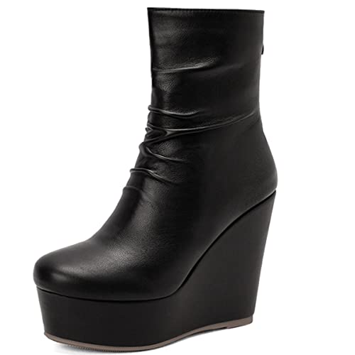 Cozivwaiy Damen Keilabsatz stiefel Plateau Stiefel Schwarz High Heels Stiefeletten mit Reißverschluss Mode Runde Zehen Stiefel Hohen Absatz Stiefel Pu Party informell von Cozivwaiy