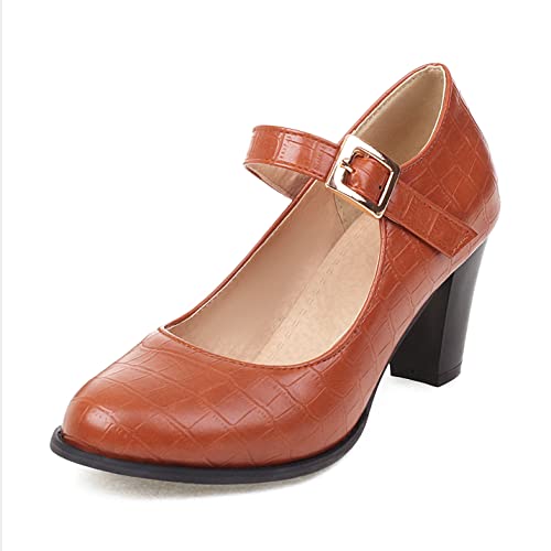 Cozivwaiy Damen Klassisch Mary Jane Schuhe Knöchelriemen Pumps Blockabsatz Uniform Pumps Almond Toe Heels Schuhe Brown Size 35 Asian von Cozivwaiy