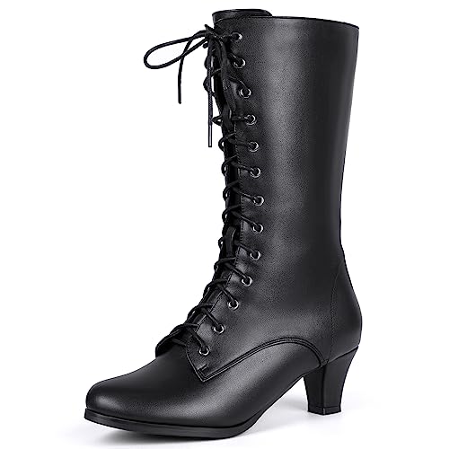 Cozivwaiy Damen Schwarz Viktorianische Stiefel 70s Schnüren Halbschaft Mitte Absatz Vintage Kegelabsatz Kostümstiefel Mit Reißverschluss Granny Hexenstiefel Gr 42 Asian von Cozivwaiy