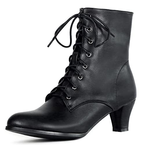 Cozivwaiy Damen Vintage Viktorianische Stiefel 70s Schnüren Kurzschaft Stiefel Mid Heel Stiefeletten Kegelabsatz Kostümstiefel mit Reißverschluss Schwarz Size 34 Asian von Cozivwaiy