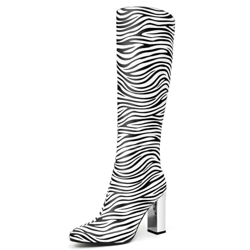 Cozivwaiy Damen Zebra Print Kniehohe Stiefel Metallic Blockabsatz High Heels Stiefel Fancy Chrome Stiefel Langschaft Dress Stiefel Frauen Riding Boots Zipper 39 von Cozivwaiy