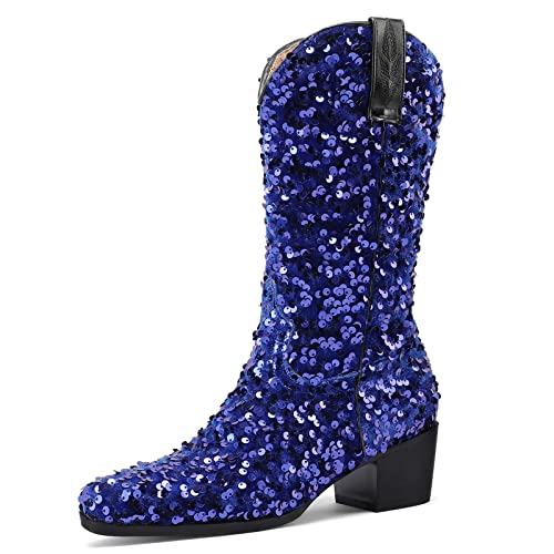 Cozivwaiy Glitter Cowboystiefel Damen Halbschaft Glitzernde Stiefel Blau Chunky Heel Disco Boots Pull on Dance Abendstiefel Cowgirl 40 von Cozivwaiy